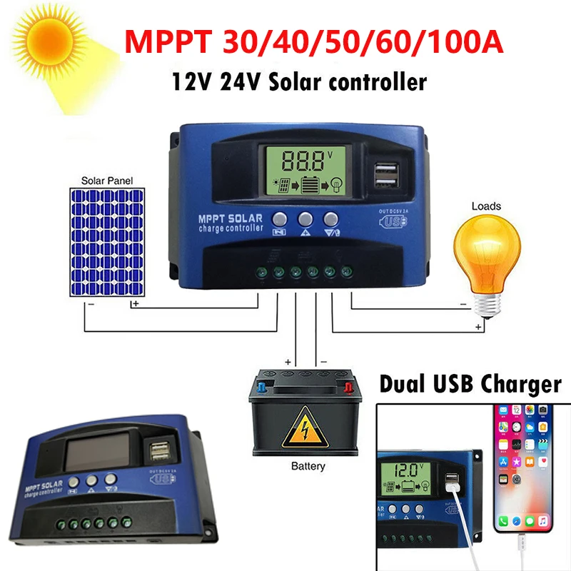 House Home Solar MPPT 100A 60A 50A 40A 30A Charge Controller A USB LCD Display 1 - £44.01 GBP