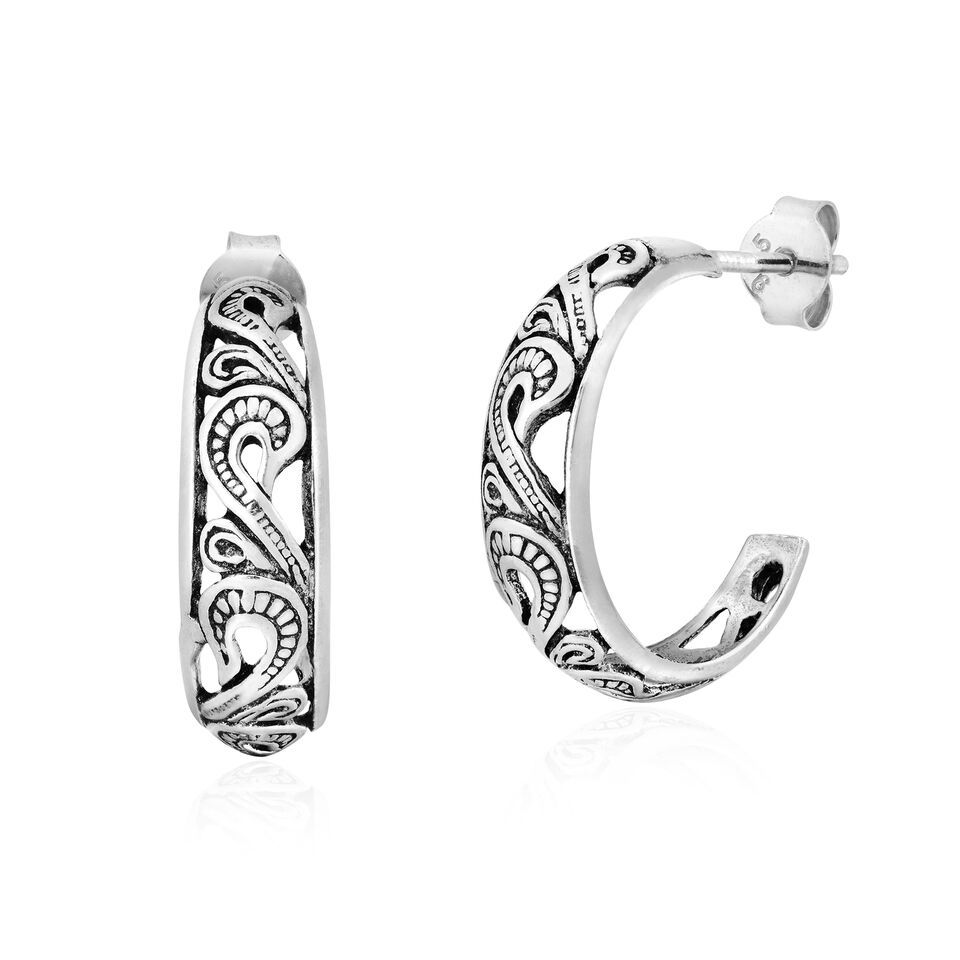 Enchanting Swirls in a Crescent Moon Sterling Silver Half Hoop Stud Earrings - $21.11