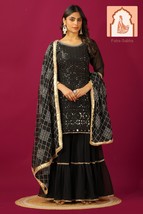 Black Georgette Sharara Set with Heavy Sequence Embroidery - $55.00