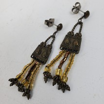 Vintage Hippie Artisan Handbag Style Earrings 2 Inch Dangle Drop Push - $16.83