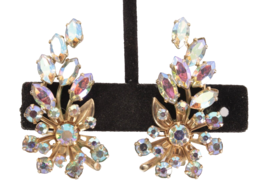 Vintage Large AB Rhinestone Clip on Earrings Climber Sparkle Gold Tone 1950s - £27.13 GBP