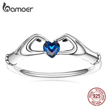 Genuine 925 Silver Love with Hands Eternal Heart Blue Gem Rings for Women Couple - £17.77 GBP