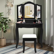 4 Drawers Wood Mirrored Vanity Dressing Table with Stool-Black - £183.13 GBP