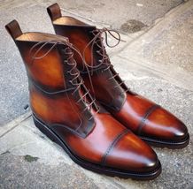 Handmade men&#39;s Bespoke calf Leather Patina Tan Shaded lace up ankle boot US 5-15 - £118.51 GBP