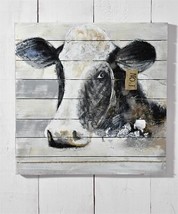 Cow Head Print on Fir Wood Panel Black White 31.5&quot; x 31.5&quot; Farmhouse Jer... - £84.24 GBP