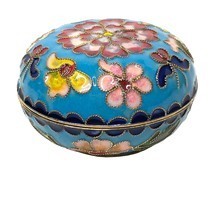 Vintage Asian Cloisonné Trinket Box Floral Round Domed Lid Jewelry Turqu... - $59.39