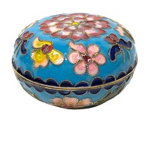 Vintage Asian Cloisonné Trinket Box Floral Round Domed Lid Jewelry Turqu... - £47.36 GBP