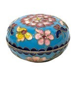 Vintage Asian Cloisonné Trinket Box Floral Round Domed Lid Jewelry Turquoise - £46.70 GBP
