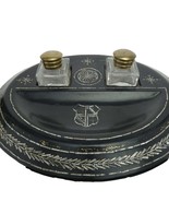 c1890 Papier Mache with Mother of pearl Inlay Double Inkwell with Pen rest - $232.65