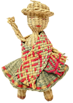 Rare Vintage Unique Handmade Woven Straw Girl Doll With Skirt Hat Shawl Wrap 5&quot; - £19.25 GBP