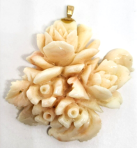 Carved Floral Angel Skin Coral Gold Filled Pendant 1.75&#39;&#39; Long - £601.37 GBP