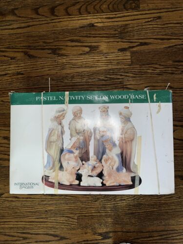 International Bazaar Nativity 10 Piece Porcelain Pastel w Wood Base &amp; Box - $26.73
