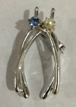 Vintage Silver Tone Wish Bone  Blue Stone Faux Pearl Pin Brooch - $19.00