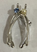 Vintage Silver Tone Wish Bone  Blue Stone Faux Pearl Pin Brooch - £14.87 GBP