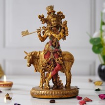 Lord Krishna Standing with Cow and Playing Flute Statue Idol Murti - $118.79