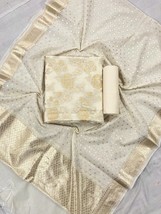 Banarasi Cotton Silk Ivory Unstitched Salwar Suit Set, Cotton Handloom Gold and  - £96.28 GBP