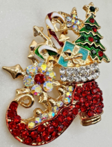 Vintage Christmas Brooch Rhinestone Stocking Tree Candy Cane Enamel Holi... - $19.79