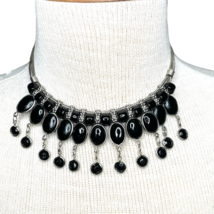 Silver Tone Black Bib Necklace Glass Beads Cabachon 16&quot; Inch Artisan - £14.28 GBP