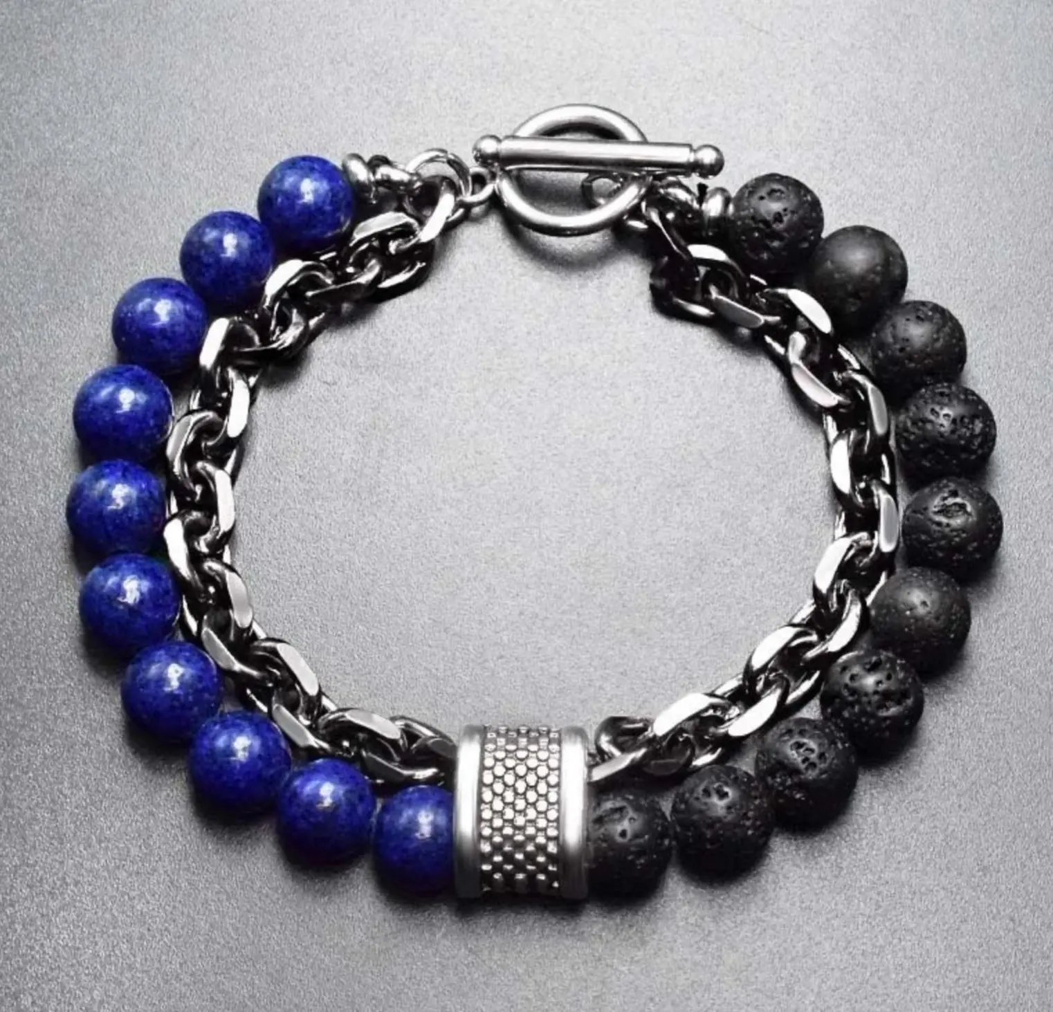 Mens Chain and Bead Bracelet Natural Stone &amp; Stainless Steel, Stylish an... - $94.37 CAD