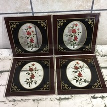 Painted Glass Panels Red Roses Ornate Classic Victorian 6” Squares Set Of 4 - $59.39
