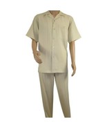 Men 2pc Walking Leisure Suit Short Sleeves DREAMS Plaid Satin 253-13 Sand - $171.83 CAD
