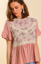 New UMGEE Sizes S L Rose Pink Short Sleeve Floral Eyelet Lace Trim Baby Doll Top - £18.05 GBP