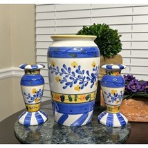 Blue Yellow Set Ceramic Vase with 2 Candle Holders - £31.97 GBP