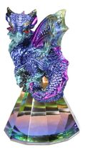 Metallic Blue Dragon Perching On Iridescent Pyramid Glass Small Figurine - $17.99