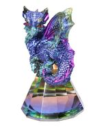 Metallic Blue Dragon Perching On Iridescent Pyramid Glass Small Figurine - $330.05 MXN