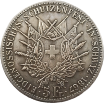1867 Swiss Federal Shooting Festival 5 francos - Canton Schwyz Heráldica... - $13.22