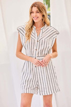 Women&#39;s Notched Neck Button Elastic Band Waist Stripe Print Romper - $39.20