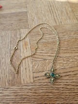 Vintage 1990s Gold Plated Clasp Adjustable Necklace 23&#39;&#39; Chain Emerald C... - £15.00 GBP