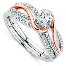 14K Gold Plated Solitaire Swirl Engagement Wedding Bridal Ring Set Moissanite - £211.12 GBP