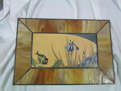 Irises and Bird Framed Stained Glass Candlelight Enterprises Wall Hanging - $9.49