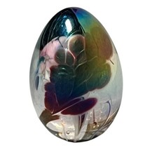 Art Glass  MSH 1982 Egg Shaped Paperweight Iridescent 2-1/2&quot; Floral Leaf - $46.54