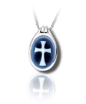 Sterling Silver &amp; Blue Agate Cross Cameo Funeral Cremation Urn Pendant w/Chain - £342.14 GBP