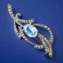 Vintage Deco Sterling Silver 925 Diamond Cut Marcasite Aquamarine Pin Br... - $213.75