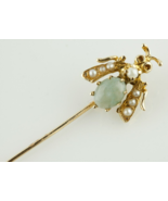 14k Yellow Gold Jade Cabochon Bee Fly Pin with Seed Pearls Gorgeous! - $689.91 CAD
