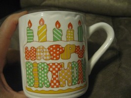Vintage Happy Birthday Enesco Coffee Mug 1984 Japan Textured Cake Candles - $11.29