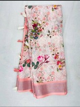 Sari Saree Indian Original Linen With Silver Jari Patta Digital Print wi... - £23.59 GBP