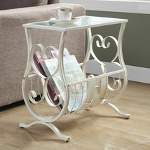 White Metal Tempered Glass Top Accent Table Magazine Rack End Bed Side Scroll - $205.99