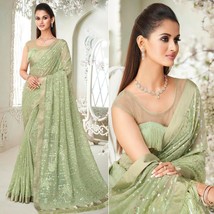 Elegant Pista Green Sequins Georgette Saree - Indian Partywear Sari - Fr... - $124.38