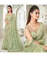 Elegant Pista Green Sequins Georgette Saree - Indian Partywear Sari - Fr... - £98.56 GBP
