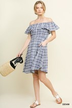 Umgee Off Shoulder Sun Dress Blue Checkered Ruffle Cotton Button Up NEW - £22.02 GBP
