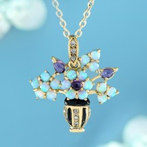 Natural Amethyst Opal Diamond Onyx Floral Vase Pendant in Solid 9K Yellow Gold - £679.32 GBP