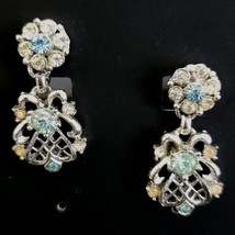 Blue Crystal Rhinestone Silver tone Chandelier Drop Earrings Clip on - $10.88