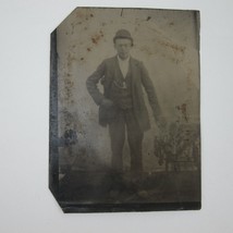 Tintype Photo Man in Hat &amp; Suit with Pocket Watch Stands by Table Antique - £23.91 GBP