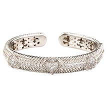 Judith Ripka Sterling Silver Hinged Cuff Bracelet w/ Cubic Zirconia Hearts - £175.33 GBP