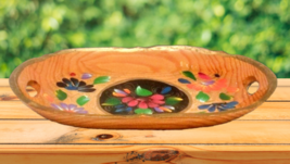 Vintage Hand Painted Wooden Bowl Floral Design With Handles - £19.96 GBP
