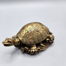 Brass Turtle on Waves Figurine Chinese Coin Pattern Shell 4&quot; Hollow Scul... - $33.85